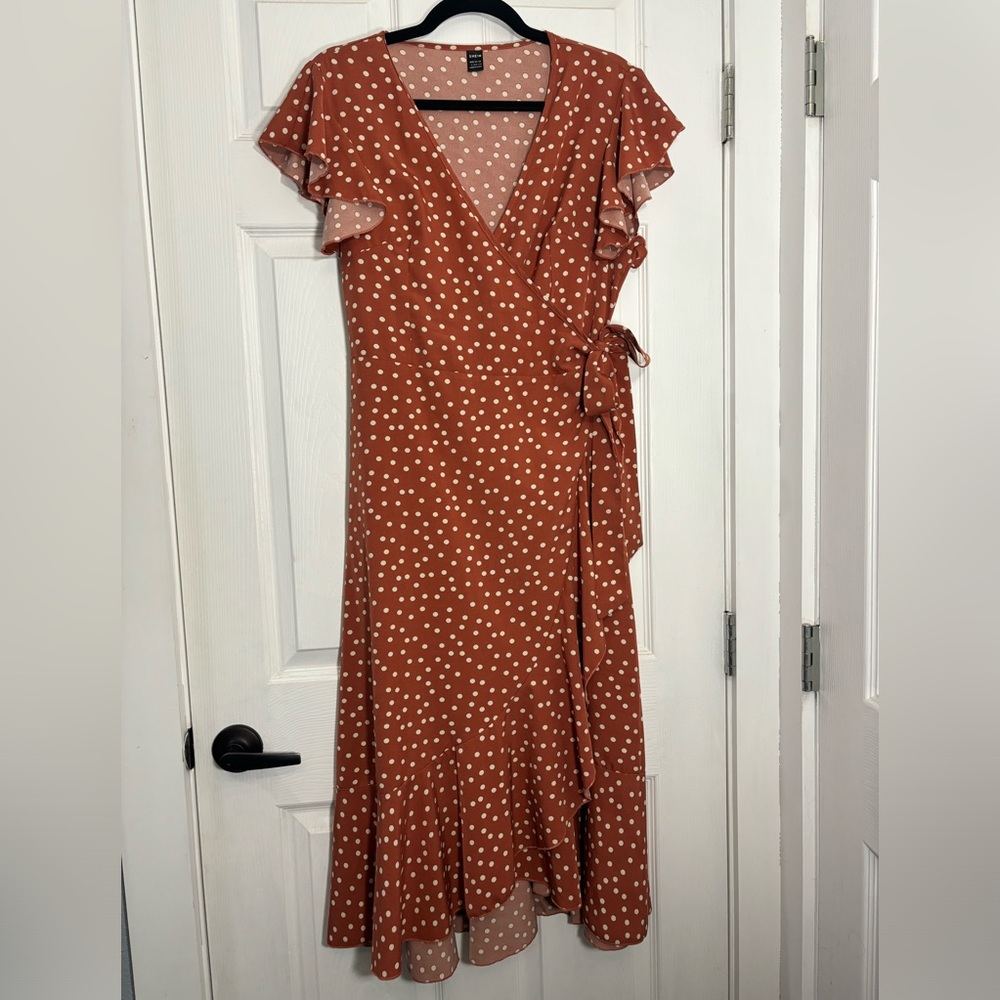 SHEIN Copper and White Polka Dot Wrap Dress with Ruffles